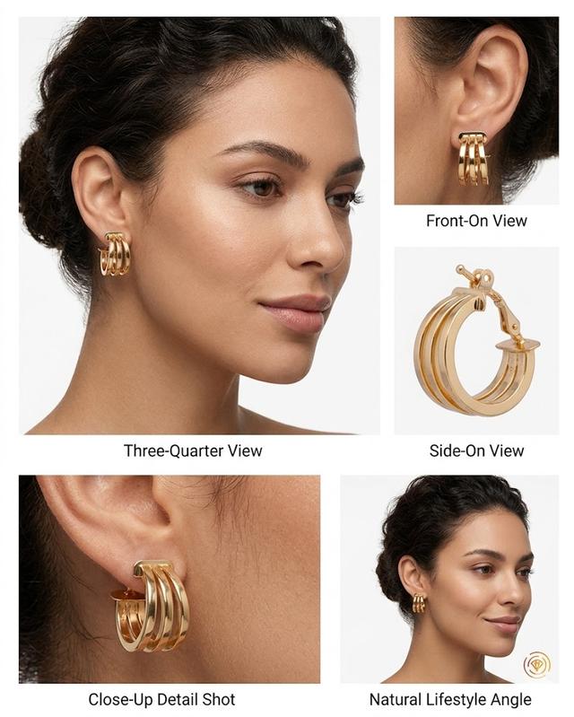 گوشواره طلا ۱۸ عیار حلقه‌ ای سه ردیفه زنانه و بچگانه مدل لیانا روی گوش