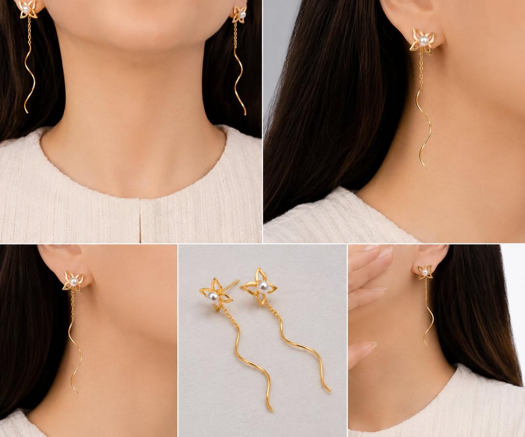 گوشواره طلا ۱۸ عیار میخی فرفری طرح پروانه و مروارید روی گوش