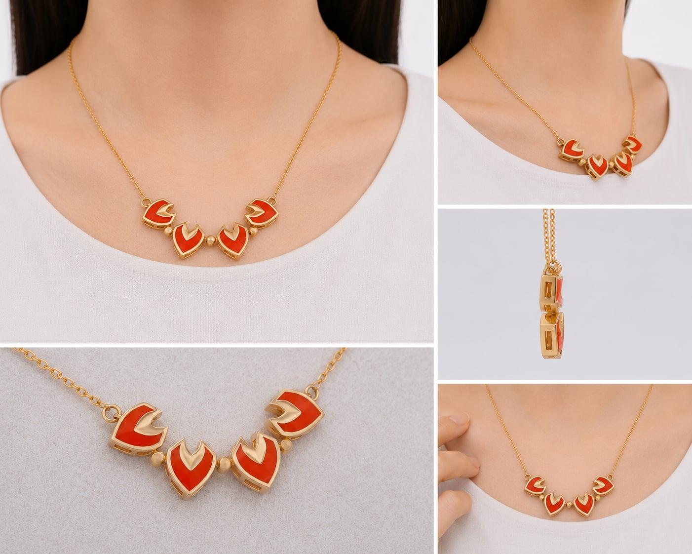 گردنبند طلا ۱۸ عیار زنانه مگنتی گل نارنجی روی گردن