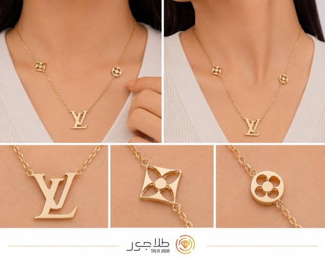 گردنبند طلا ۱۸ عیار زنانه ظریف طرح لویی ویتون روی گردن
