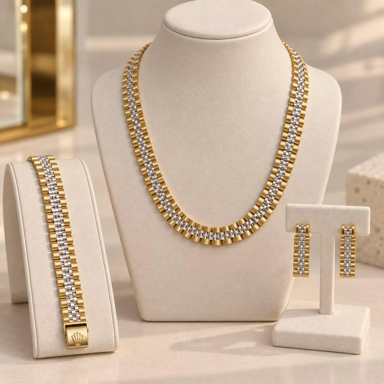سرویس طلا رولکس دورنگ چندرج و پهن ۱۸ عیار وزن تقریبی ۶۴ گرم